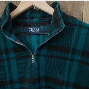 Chaps Golf Sweater Fleece Lg LS QuarterZip Pullover Green Plaid